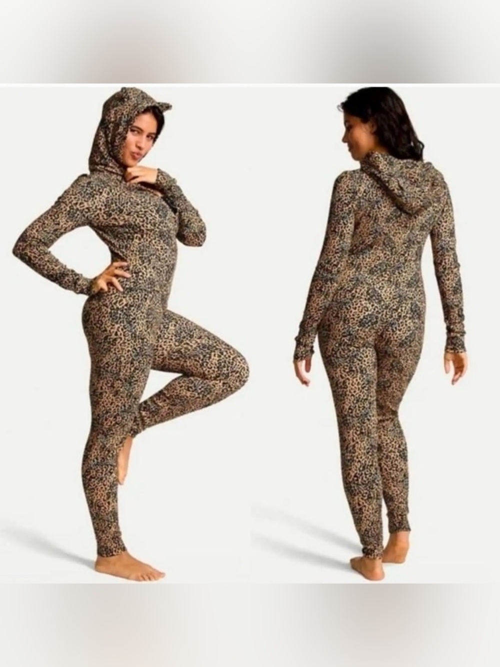 NWT VICTORIA'S SECRET PINK LEOPARD CAT EARS LONG JANE ONE PIECE BODYSUIT PAJAMA